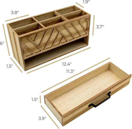 Vista 5 de BLU MONACO Organizador de bolígrafos de escritorio de madera natural con cajón Soporte de madera para bolígrafos y organizador de papelería con 6