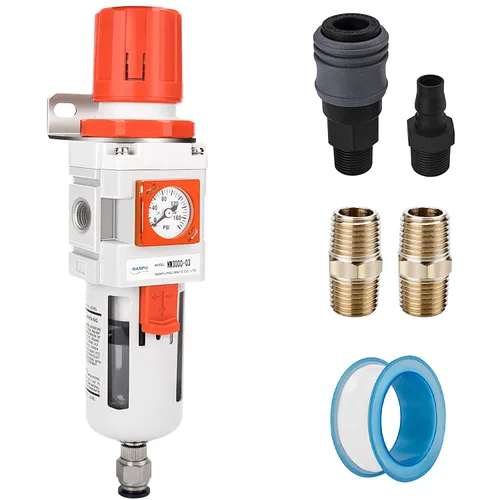 Vista 11 de NANPU 1/2 "NPT Embedded Gauge Compressed Air Filter/Regulador Piggyback Combo, Drenaje Automático, Elemento de Latón de 5 Micrones, Cuenco