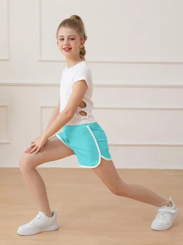 Vista 4 de Resinta Paquete de 5 pantalones cortos deportivos para niñas, pantalones cortos deportivos de fútbol para niños, de secado rápido, para gimnasio