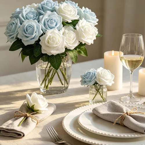 Vista 2 de Flores artificiales, 25 piezas, rosa artificial azul bebé para ramos de boda, centros de mesa, arreglos, flor falsa con tallos para decoración