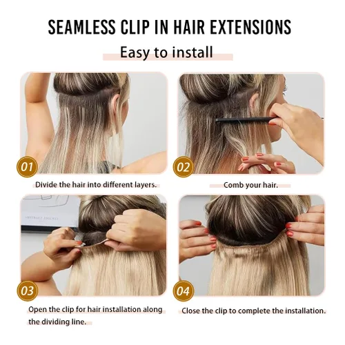 Vista 4 de Extensiones de cabello humano real con pinzas, 12 pulgadas, 2.89 oz, 8 piezas de extensiones de cabello Remy para mujer, color marrón medio