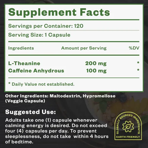 Vista 7 de Purisure Cápsulas de teanina de cafeína, píldoras de cafeína 100 mg L teanina para pre entrenamiento, energía y claridad, píldoras energéticas