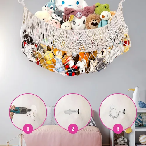 Vista 4 de Cotton Stuffed Animal Storage,Stuffed Animal Hammock,Boho Stuffed Animal Net for Bedroom(Cream-Colored) (Pack of 3)