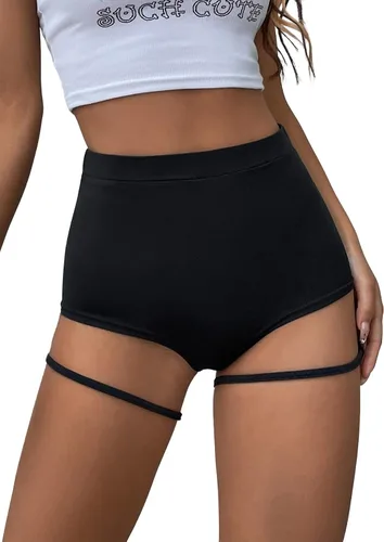 Vista 3 de SheIn Pantalones cortos de cintura alta para mujer con corte de liga, parte inferior elástica ajustada
