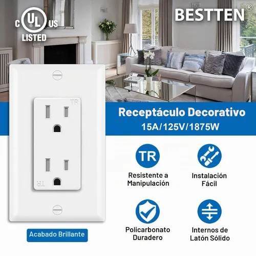 Vista 2 de BESTTEN Toma de corriente decorativa resistente a manipulaciones de 15 amperios, uso residencial y comercial, placa de pared incluida