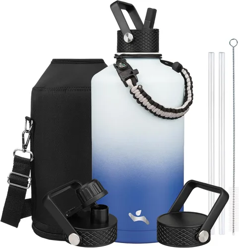 Vista 138 de Konokyo - Botella de agua aislada de 18 onzas, botellas deportivas de acero inoxidable con 3 tapas, verde militar