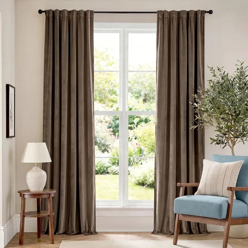 Vista 34 de Lazzzy Cortinas opacas de terciopelo beige de 84 pulgadas de largo con aislamiento térmico para oscurecer la habitación, cortinas forradas de lujo