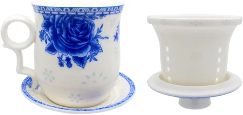 Vista 4 de Taza de té de porcelana con tapa de infusor y juegos de platillos – Taza de café de cerámica china Jingdezhen Taza de té de hoja suelta Sistema