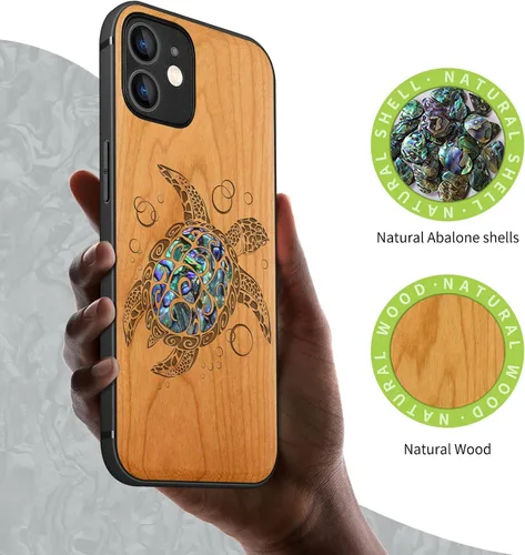 Vista 2 de Carveit Funda protectora de madera de diseñador para iPhone 12 (grabado en madera e incrustaciones de carcasa), funda de madera compatible con Cereza