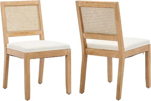 Vista 31 de ODUSE-DAILY Juego de 2 sillas de comedor French Country color beige, sillas de comedor de madera bohemia con respaldo tejido y asiento tapizado