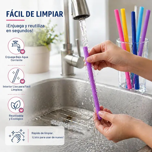 Vista 5 de Juego de 5 pajitas de silicona reutilizables anchas de 10 pulgadas de largo