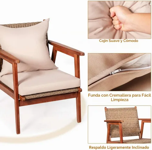 Vista 6 de Tangkula juego de 4 sofás de madera de patio, juego de asientos de madera de acacia para exterior con cojines y mesa de centro, juego de sofá