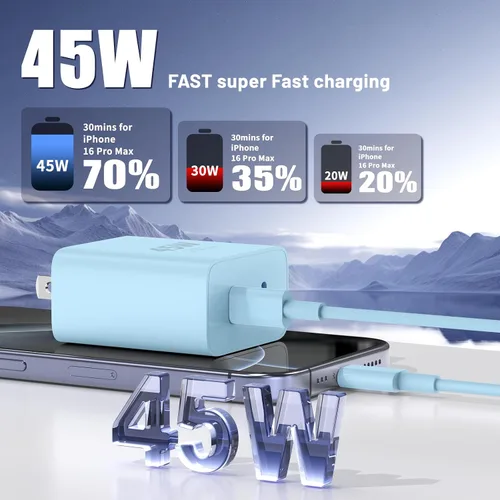 Vista 2 de QZIIW Cargador Samsung súper rápido tipo C, bloque de cargador rápido USB C de 45 W de doble puerto [paquete de 2] y cable USB C extralargo de 60 W