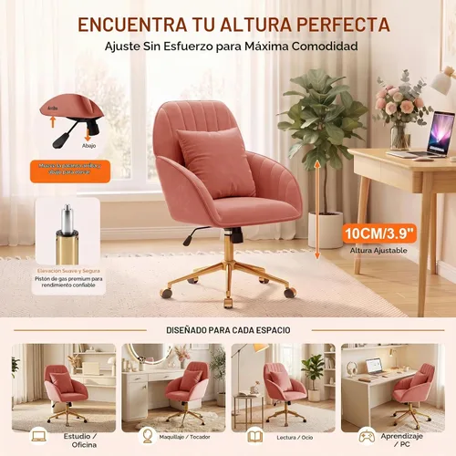 Vista 6 de Silla de escritorio para oficina en casa, cómoda con ruedas giratorias ajustables, moderna silla de tocador de maquillaje de terciopelo con respaldo