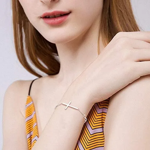 Vista 3 de EVER FAITH Pulsera de cruz de plata de ley 925 religiosa clásica con dije de infinito con dije de cruz, cadena ajustable, cumpleaños, día