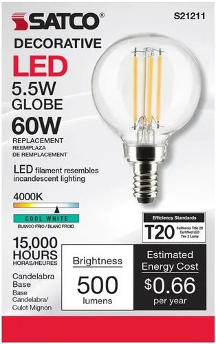 Vista 5 de Satco Bombillas LED E12 de 5.5 W, 4000 K, clasificación de 15000 horas, regulables