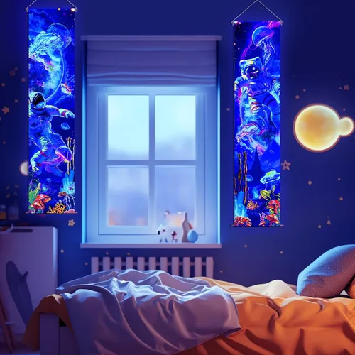 Vista 7 de Tiamon 2 Piezas de Arte de Luz Negra para Pared, Tapiz Trippy de Luz Negra, Póster de Tapiz UV Reactivo, Banner Estético, Fondo de Pared para Colgar