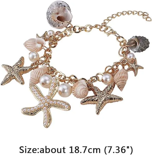 Vista 2 de PH PandaHall Pulseras de concha de estrella de mar, pulsera de perlas de imitación de concha de estrella de mar, pulsera bohemia ajustable de concha