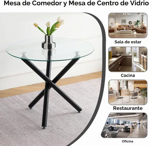 Vista 7 de Mesa de comedor redonda de vidrio para 2-3, parte superior de vidrio templado moderna, patas cromadas resistentes, almohadillas ajustables