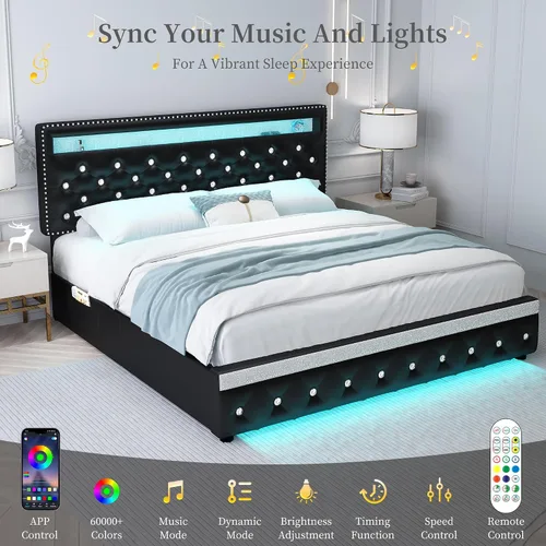 Vista 4 de SIBEDS Base de cama completa con LED y 2 cajones, marco de cama de plataforma de metal resistente de tamaño completo con cabecera ajustable