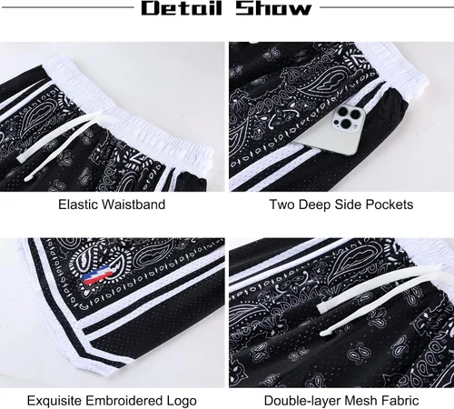 Vista 5 de BOOMLEMON Pantalones cortos de baloncesto para hombre, pantalones cortos de entrenamiento atléticos de cachemira, pantalones cortos de malla