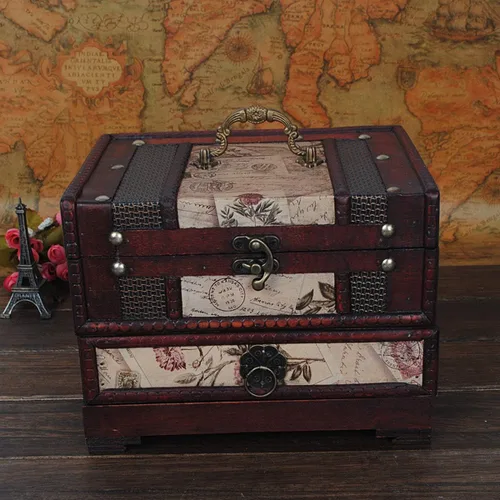 Vista 3 de ISOTO Joyero de madera retro vintage, caja de almacenamiento organizadora, caja de almacenamiento con espejo para novias y mujeres, para el día