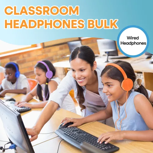 Vista 3 de Paquete de 5 audífonos para niños a granel para el aula escolar K-12, juego de auriculares duraderos para estudiantes, niños, adolescentes, niños