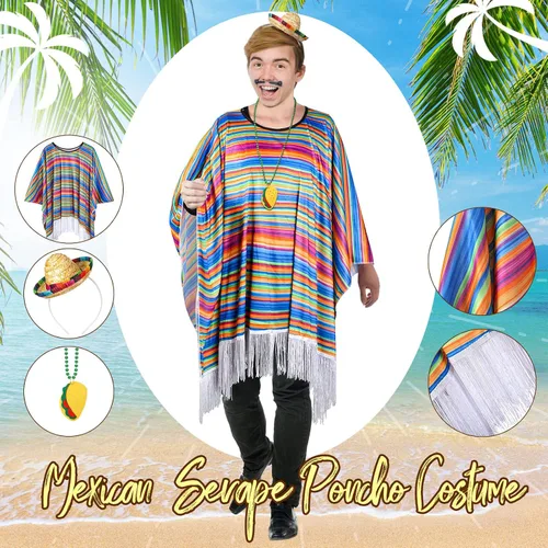 Vista 6 de 5 piezas de disfraces de fiesta Cinco de Mayo, poncho de tela de fiesta y sombrero de pajita, sombrero de 3 cuentas de collar mexicano para adultos