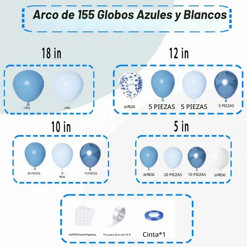 Vista 2 de Kit de guirnalda de arco de globos azules, 155 piezas de globos de confeti azul pastel metálicos de macaron para decoración de fiestas temáticas