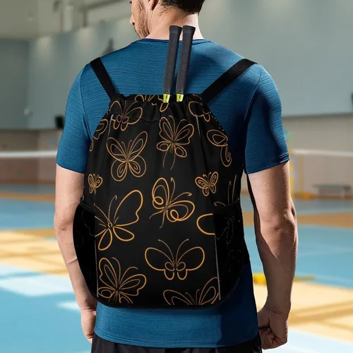 Vista 7 de MZERSE Women Fashion Drawstring Backpack Gym Bags with Zipper Pockets, Multifunction Drawstring Bag Compatible with Butterfly Set Pattern Gold On
