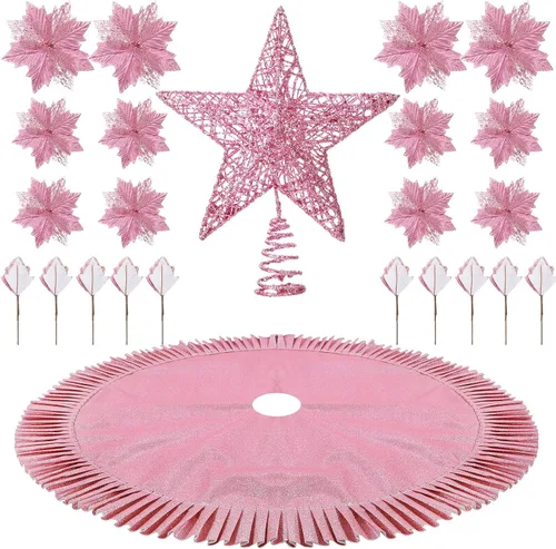 Vista 9 de Sratte El juego de 38 piezas de decoraciones navideñas incluye falda de árbol de lentejuelas, estrella para árbol y flores de Navidad artificiales
