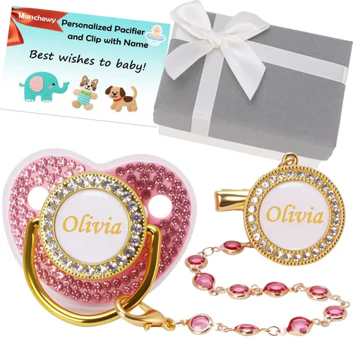 Vista 10 de Chupete personalizado con nombre, juego de clip para chupete dorado brillante con caja de regalo, tarjeta de felicitación, lujoso chupete de cristal