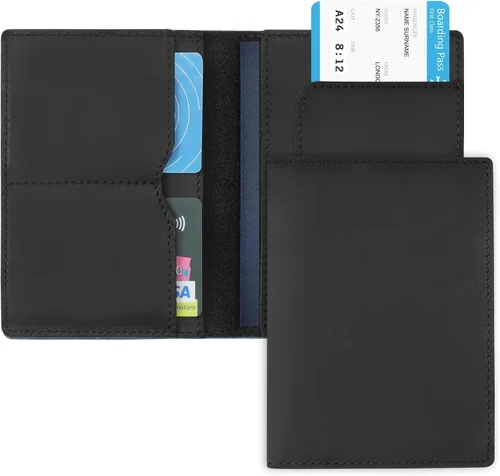 Vista 2 de Jack&Chris Funda de cuero para pasaporte, funda de viaje para hombres y mujeres, Negro