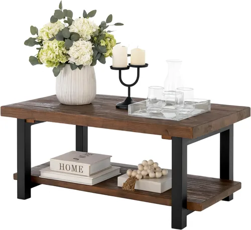 Vista 7 de Pomona - Mesa auxiliar rectangular de madera maciza de 42 pulgadas con estante de almacenamiento y patas de metal, mesa rústica industrial para sala