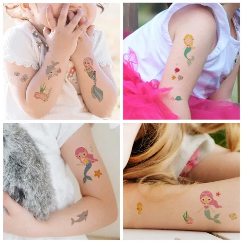 Vista 5 de 30 hojas (360 piezas) mariposas, sirena, animales marinos, tatuajes temporales impermeables para niños, tatuajes de dibujos animados de estilos