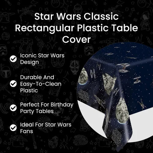 Vista 5 de Mantel rectangular clásico de plástico multicolor de Star Wars (54 x 84 pulgadas), 1 unidad, material icónico y ecológico, perfecto para cada