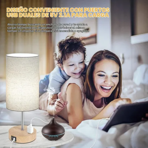 Vista 4 de Lámparas de mesita de noche con 2 puertos de carga USB y salida de CA, juego de 2 mesas de noche con base de madera de control táctil, lámparas Crema