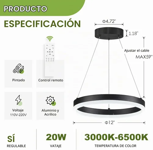 Vista 3 de Benkut Lámpara de Araña de Anillo LED Moderna Negra para Comedor, Lámpara de Araña de Techo Circular Empotrada Regulable con Control Remoto