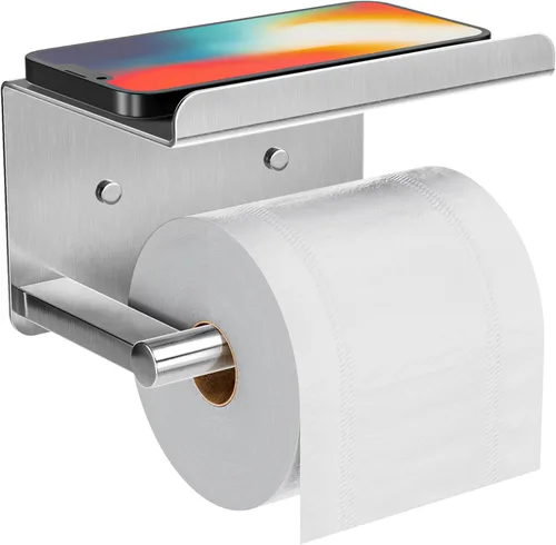 Vista 8 de Soporte de papel higiénico adhesivo con estante para teléfono, soporte de papel higiénico montado en la pared, soporte de rollo de papel higiénico