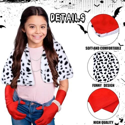 Vista 2 de Yaomiao Kids Girl 5 Pcs Halloween Faux Stole Accessories Set Black and White Scarf Red Gloves for 1920s Costume Cosplay Party
