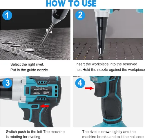 Vista 3 de Heimerdinger Remachadora inalámbrica sin escobillas compatible con batería Makita de 18 V (no incluida), fuerza de tracción de 12000N, para remaches