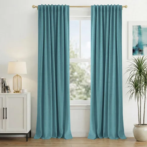Vista 27 de INOVADAY Cortinas 100% opacas de 63 pulgadas de largo, juego de 2 paneles de lino con pestaña trasera, bolsillo para barra, cortinas opacas