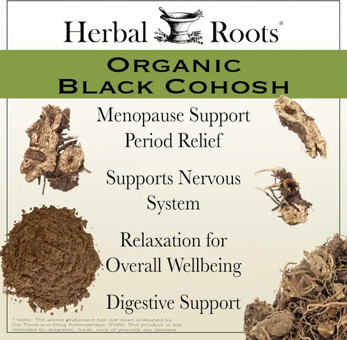 Vista 3 de Herbal Roots Raíz de cohosh negro orgánico Extra fuerte Menopausia y apoyo menstrual para mujeres 90 cápsulas, vegano