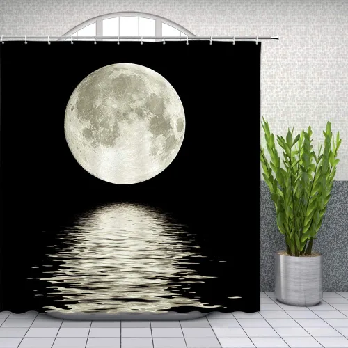 Vista 3 de Cortina de ducha de luna llena, paisaje nocturno del océano, agua de mar, superluna, astronomía, tela negra, juego de decoración de baño, incluye