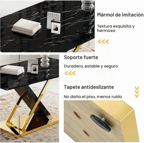 Vista 3 de Juego de Mesa de Comedor de Mármol para 4, Mesa Rectangular Negra de 63 Pulgadas con Marco de Metal Dorado en Forma de X y 4 Sillas de Comedor