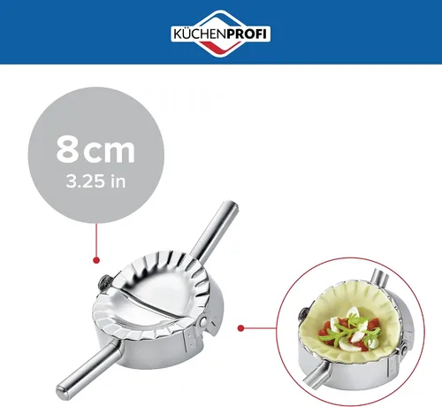 Vista 2 de Küchenprofi Máquina para hacer ravioles, Pierogi y albóndigas, prensa de pasta y pastelería de acero inoxidable 18/8, perfecta para moldear y sellar
