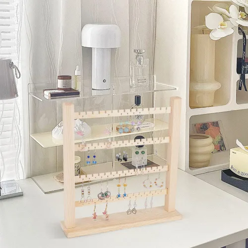 Vista 7 de FINGERINSPIRE Soporte organizador de exhibición de aretes de madera de 4 niveles (60 ranuras y 56 agujeros), soporte de exhibición de aretes