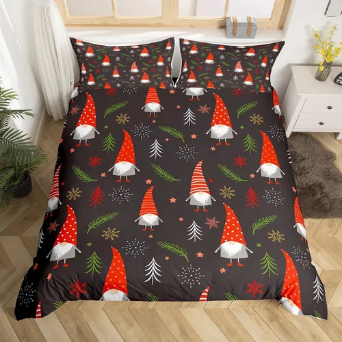 Vista 26 de Erosebridal Juego de ropa de cama de Navidad escandinavos gnomos de Papá Noel, funda de edredón de Papá Noel nevando para niños y niñas, funda