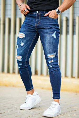 Vista 3 de Gingtto jeans entallados elásticos para hombre, de corte ajustado, rasgados, gastados