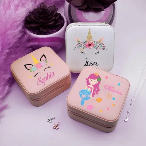 Vista 5 de Joyero de unicornio con diseño de sirena para niñas, caja de joyería con nombre personalizado para niña, caja de almacenamiento de joyas